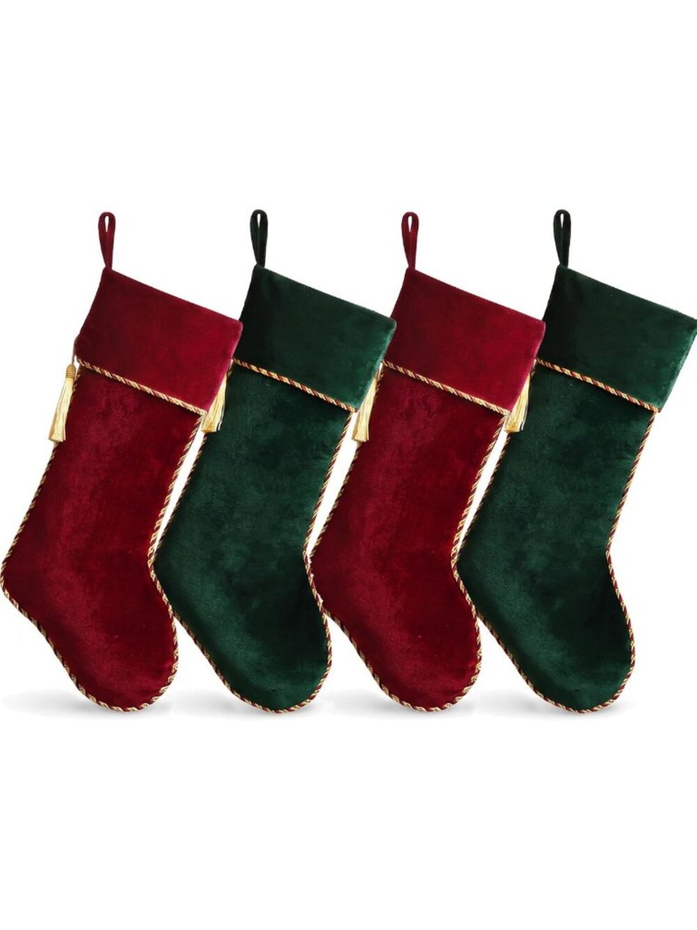 Set of 4 Large Velvet Christmas Stockings - Green & Red 20 Inch Holiday Decor